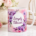 Christian Floral Mug – Simply Blessed Faith Gift with Pink Purple Flowers