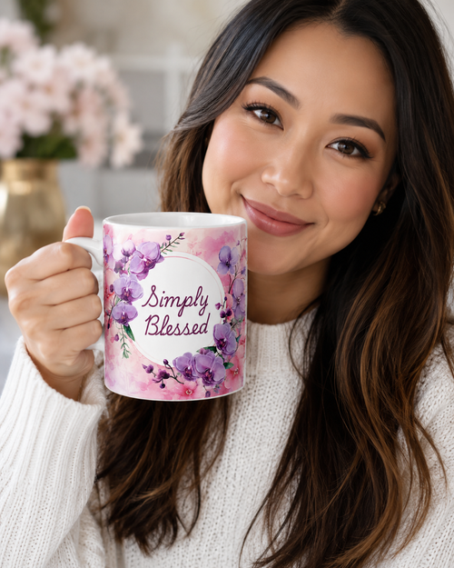 Christian Floral Mug – Simply Blessed Faith Gift with Pink Purple Flowers