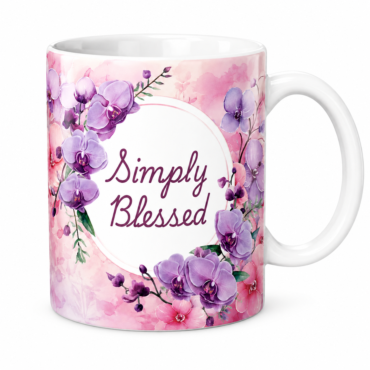 Christian Floral Mug – Simply Blessed Faith Gift with Pink Purple Flowers